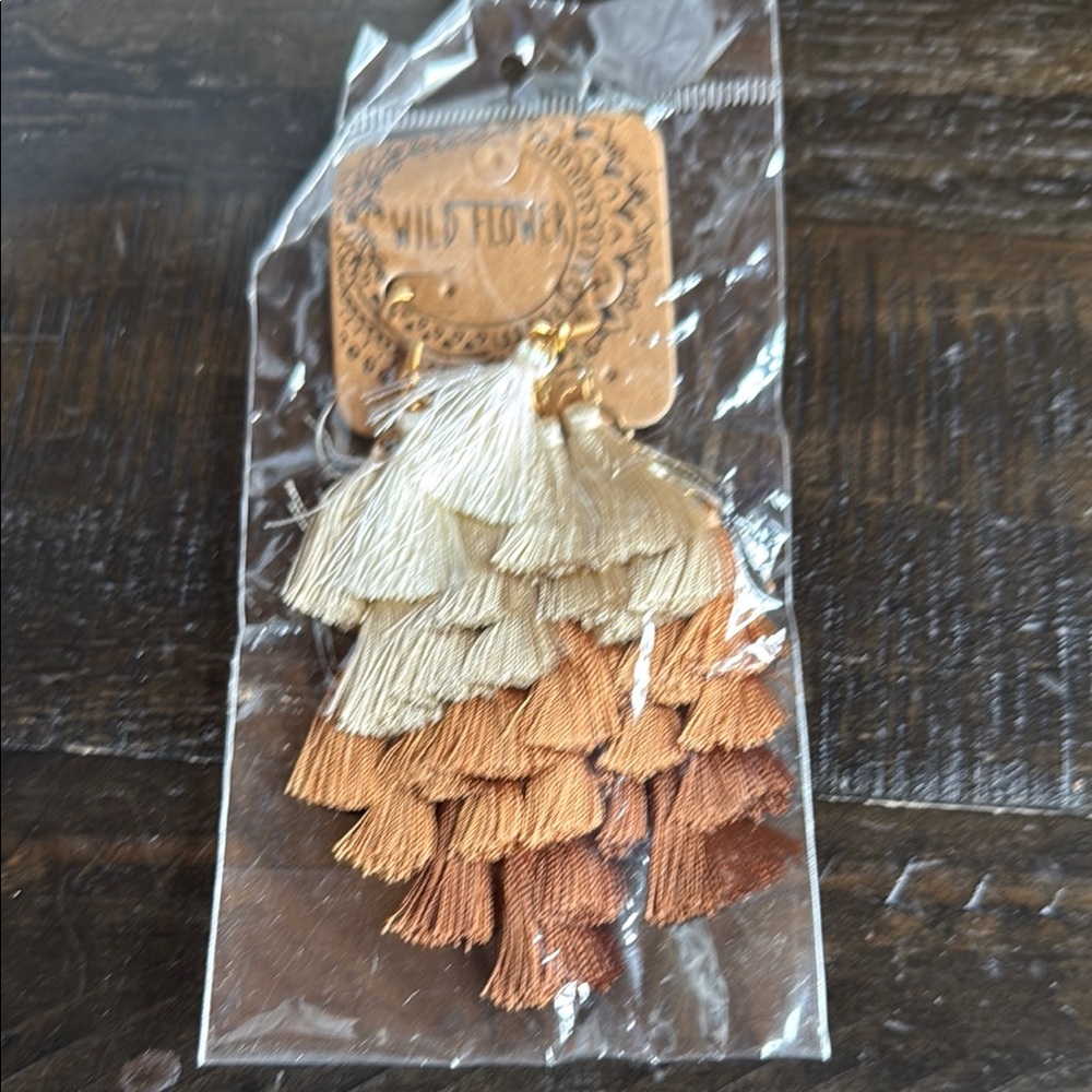 Wildflowers Cream and Tan Layered Tassel Earrings